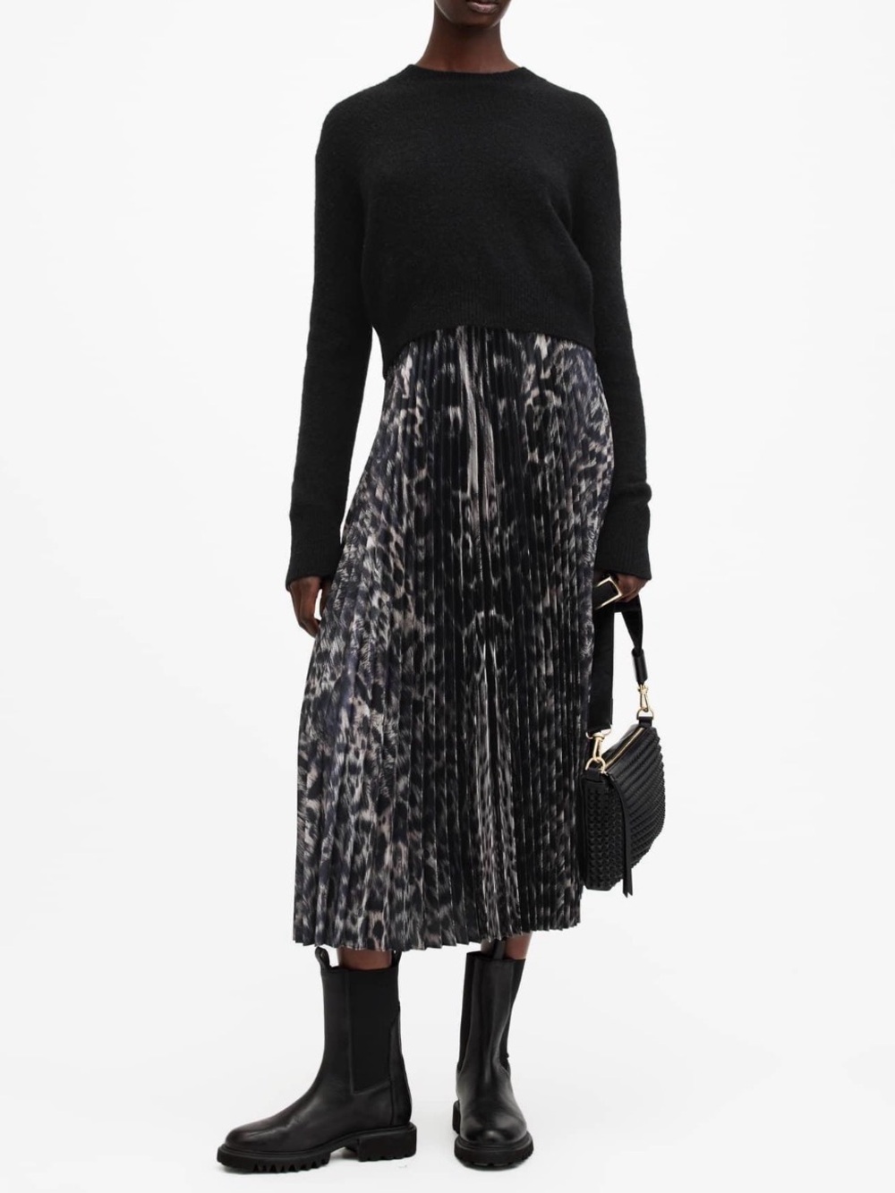 AllSaints Leowa 2-in-1 Pleated Leopard Midi Dress XS
